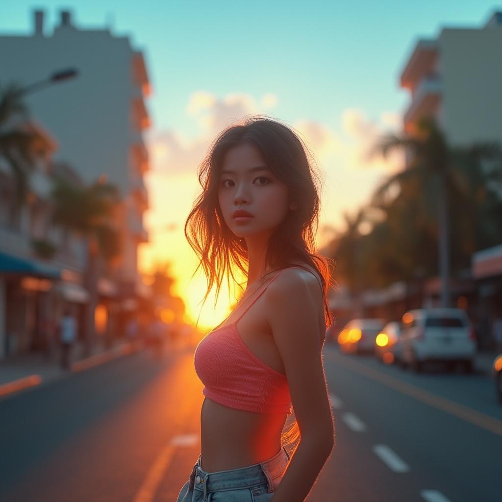 Young Woman in Sunset Street Scene with Palm Trees