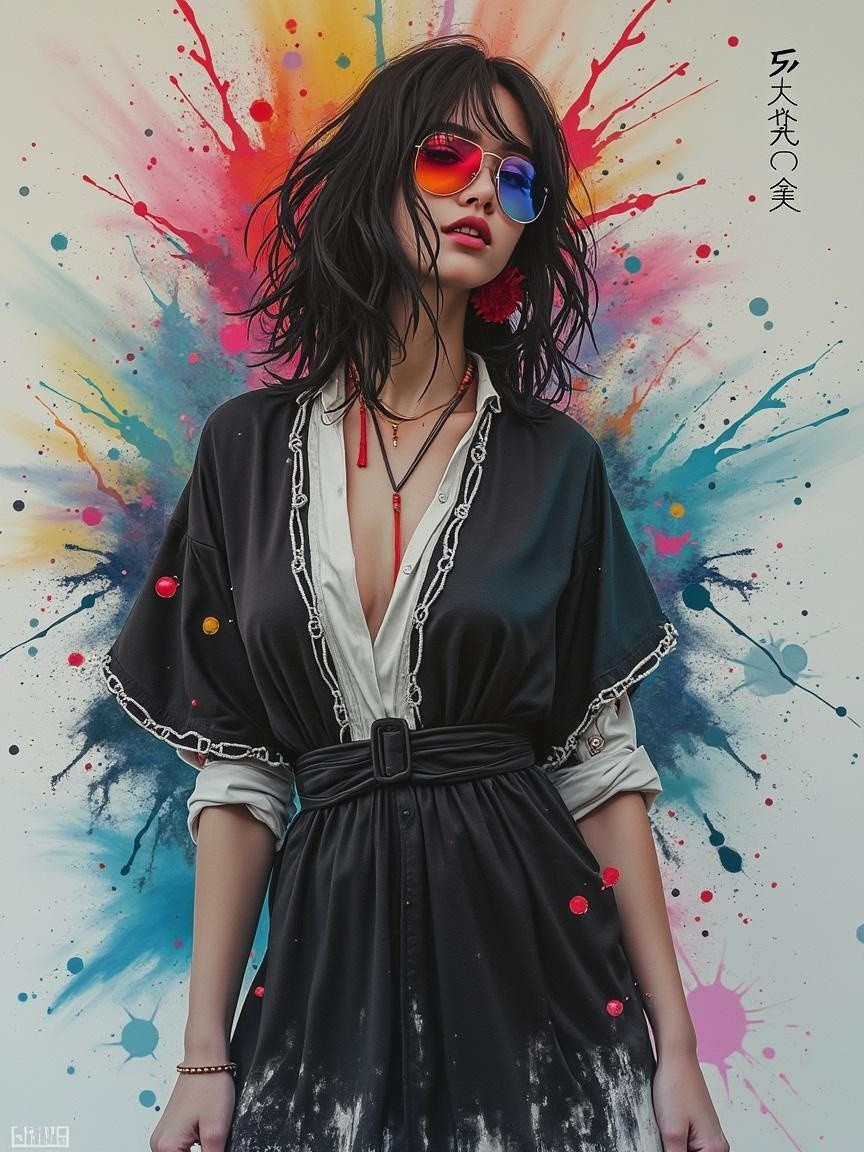 Young Woman in Oversized Shirt Against Colorful Background