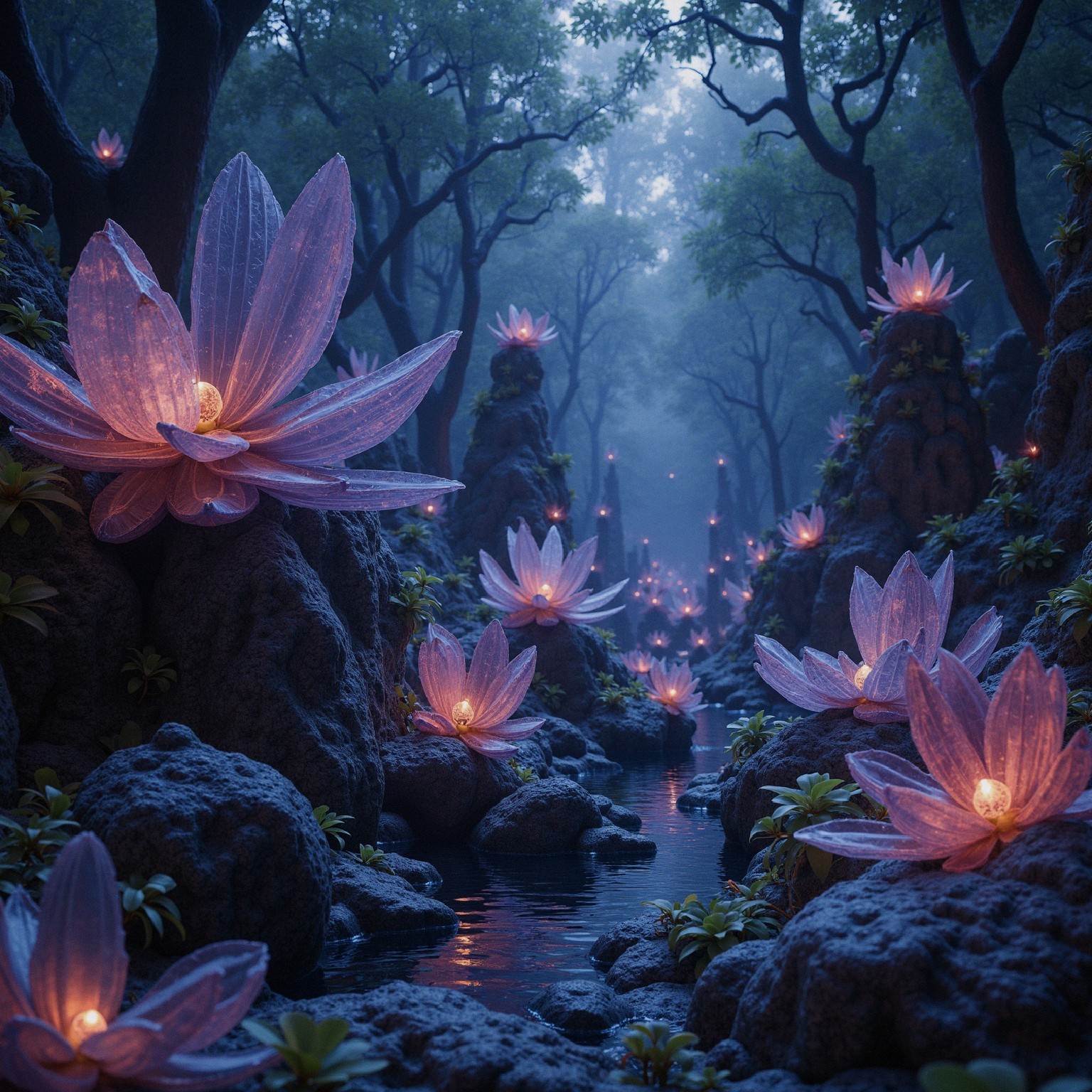 Serene forest scene with glowing lotus flowers