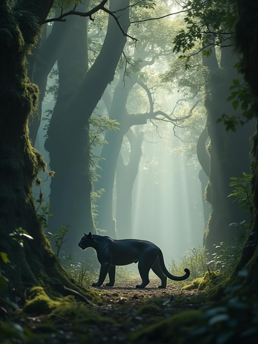 Black Panther in Misty Forest with Sunlight and Trees