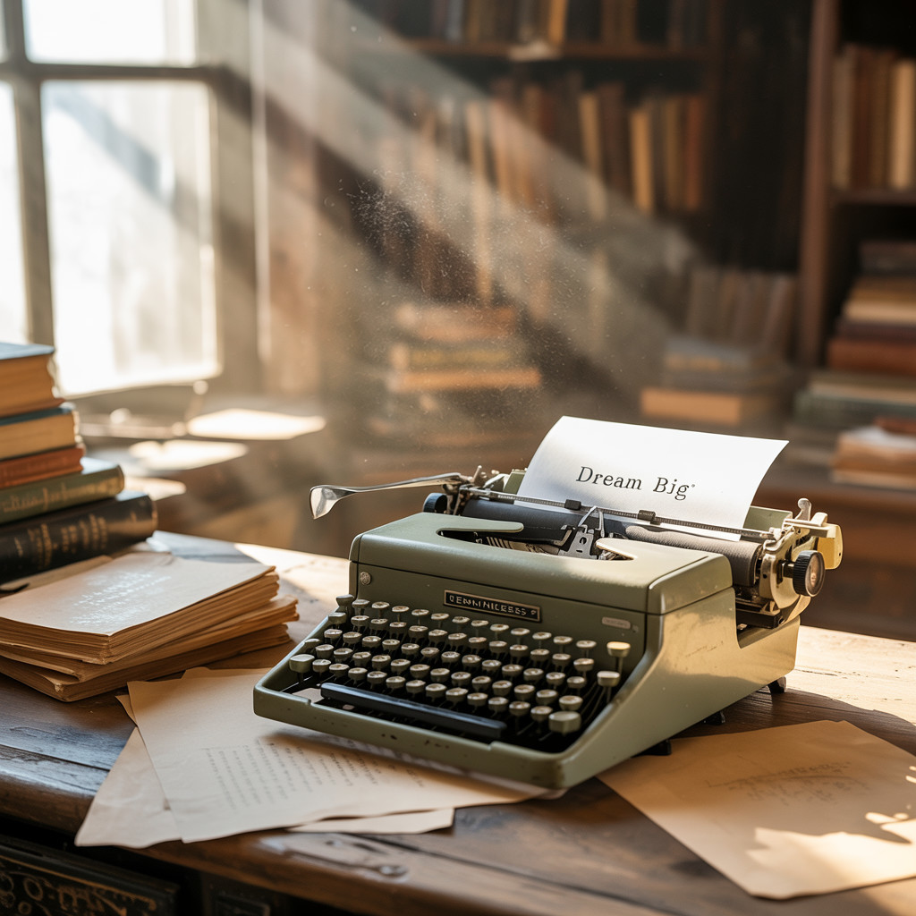 Vintage typewriter on wooden table in sunlit library