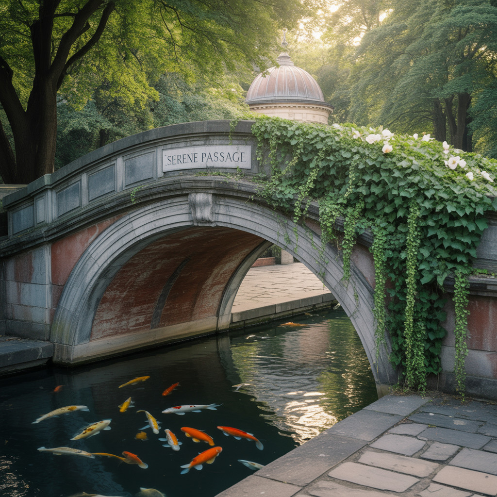 Tranquil Stone Bridge with Colorful Koi and Greenery
