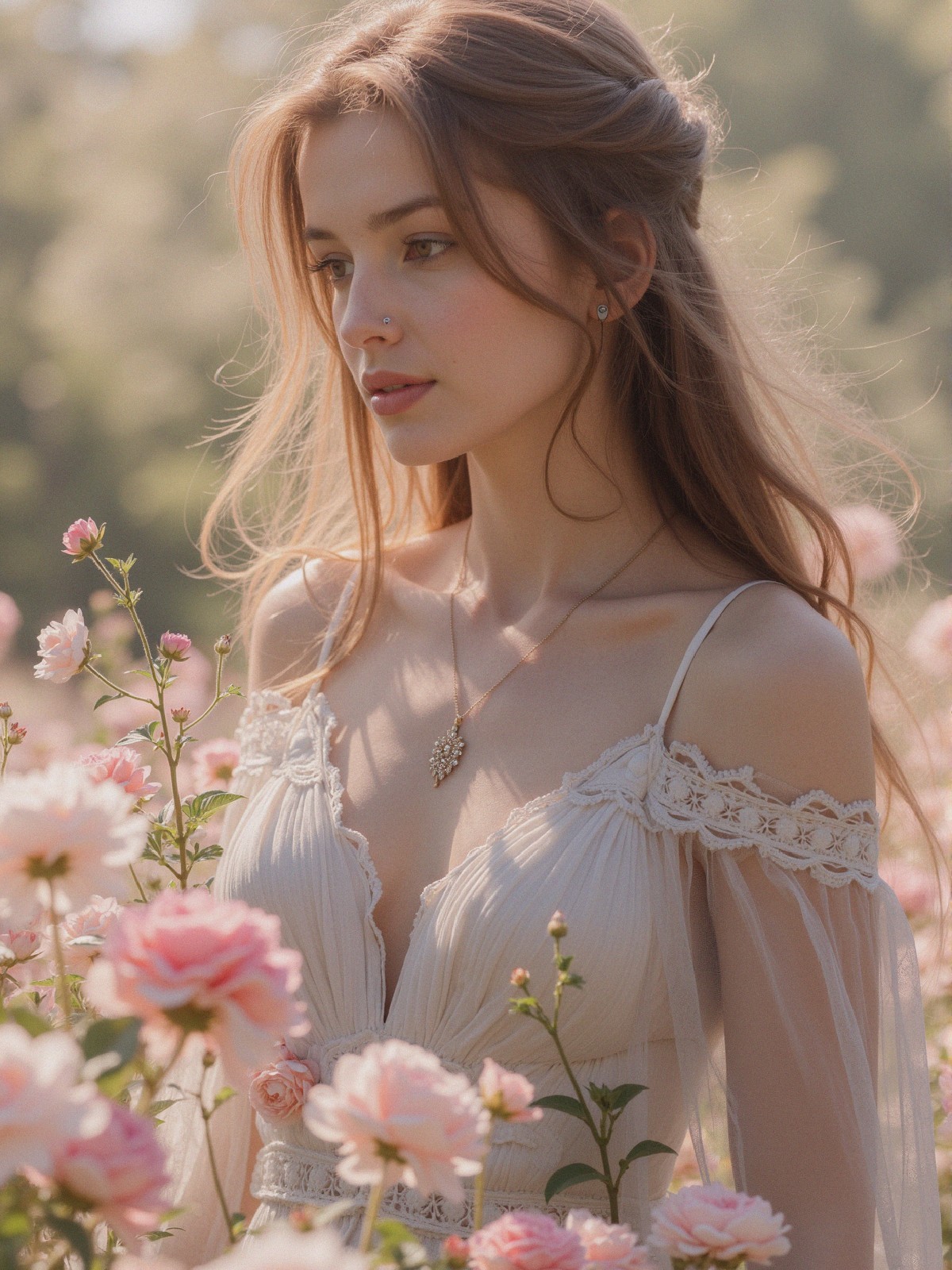 Young woman in light dress among blooming pink roses
