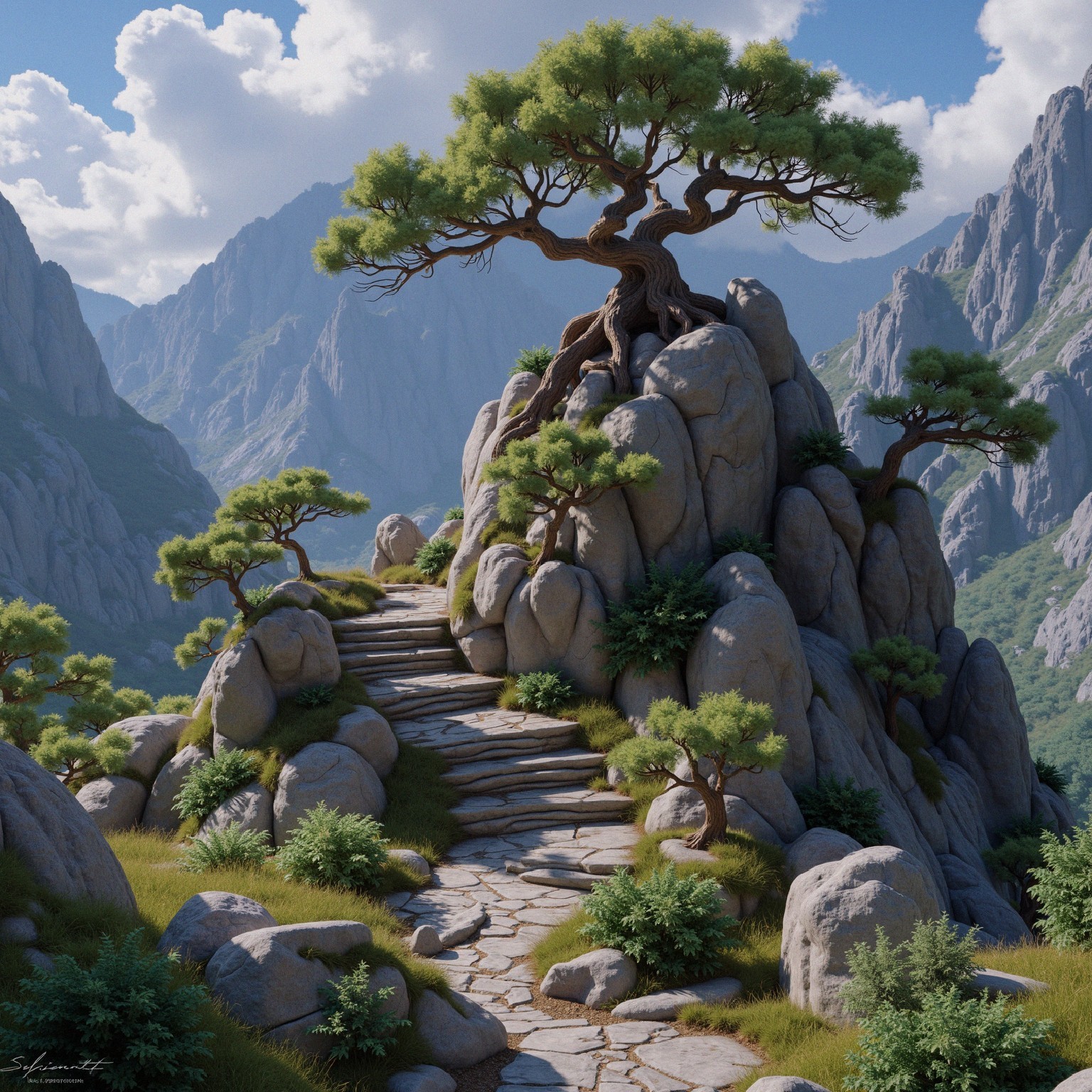 Solitary Tree on Rocky Outcrop with Mountains Nearby