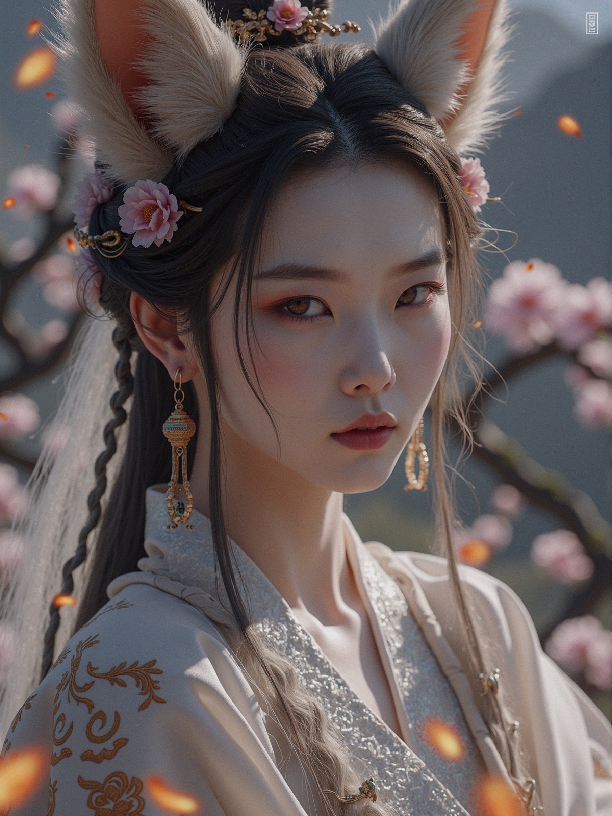 Young Woman with Floral Fox Ears in Cherry Blossoms