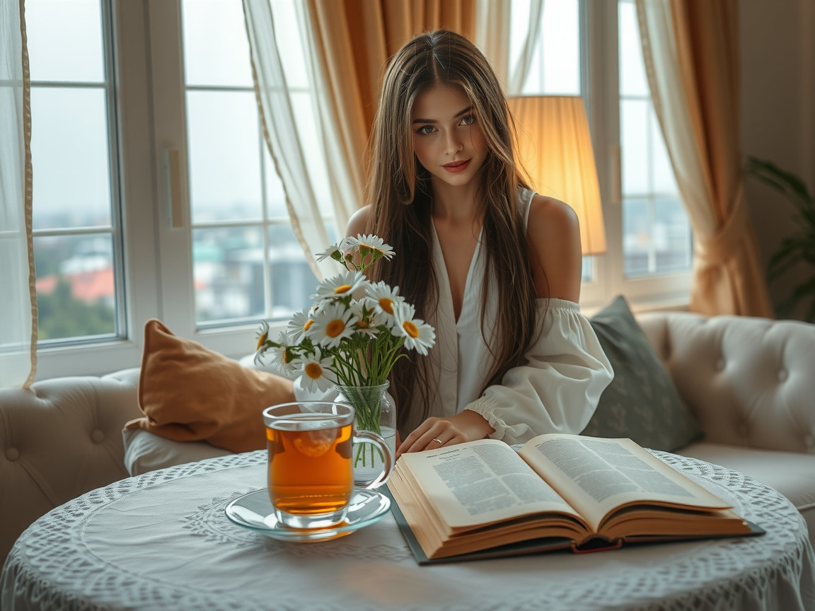 Indoor Scene with a Woman, Tea, and Daisies