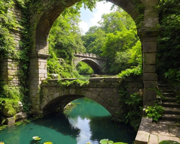 Lush Green Landscape with Stone Bridges and Turquoise River