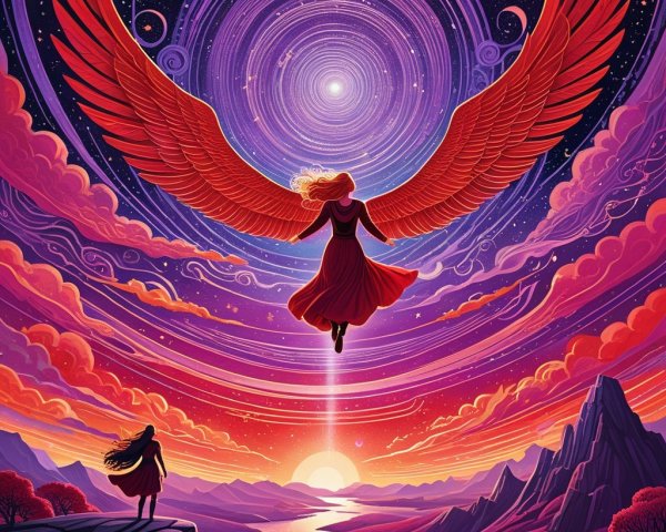 Majestic Red Wings in a Swirling Galaxy Scene