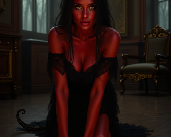 Kneeling Figure in Vintage Room with Glowing Pattern