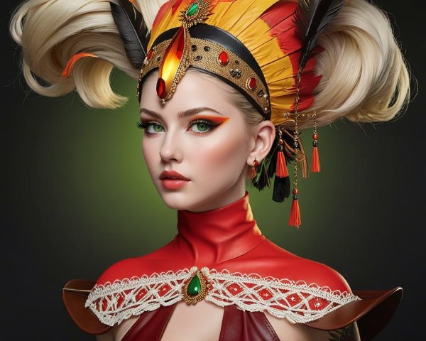 Portrait of a Woman with Vibrant Feather Headdress