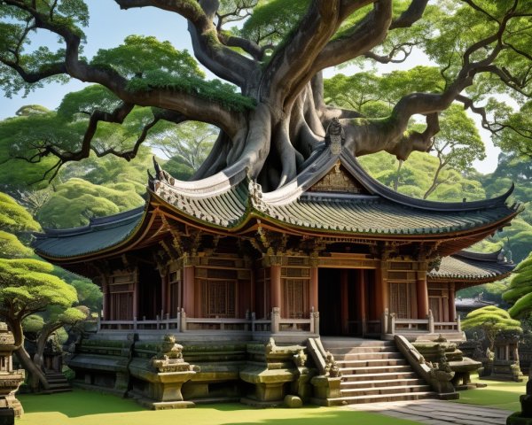 Temple Beneath Ancient Tree with Ornate Carvings