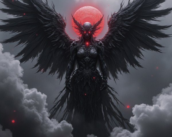 Ethereal Figure with Black Wings and Red Moon Backdrop