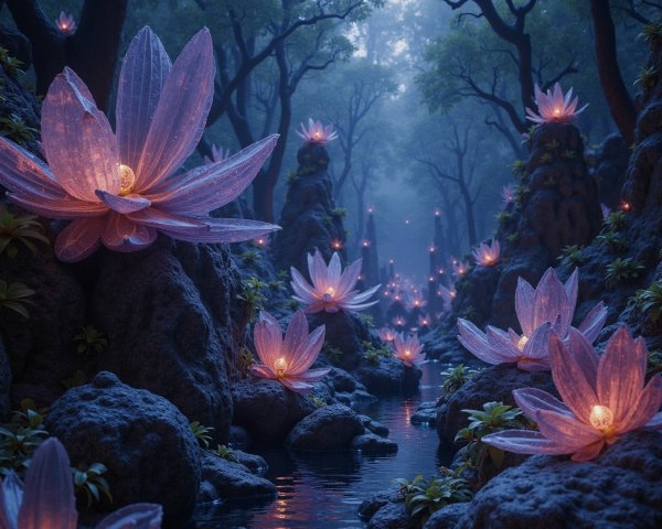 Serene forest scene with glowing lotus flowers