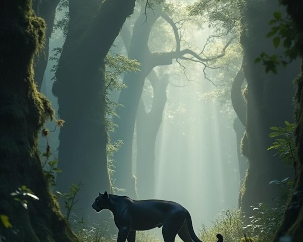 Black Panther in Misty Forest with Sunlight and Trees