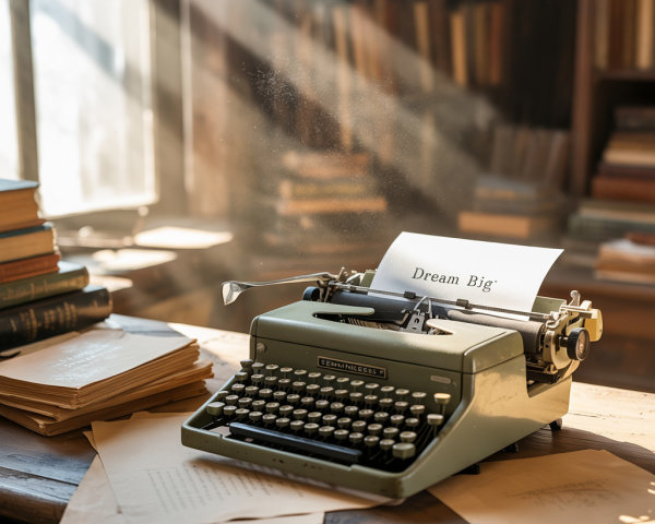 Vintage typewriter on wooden table in sunlit library