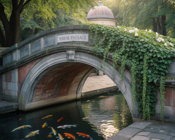 Tranquil Stone Bridge with Colorful Koi and Greenery