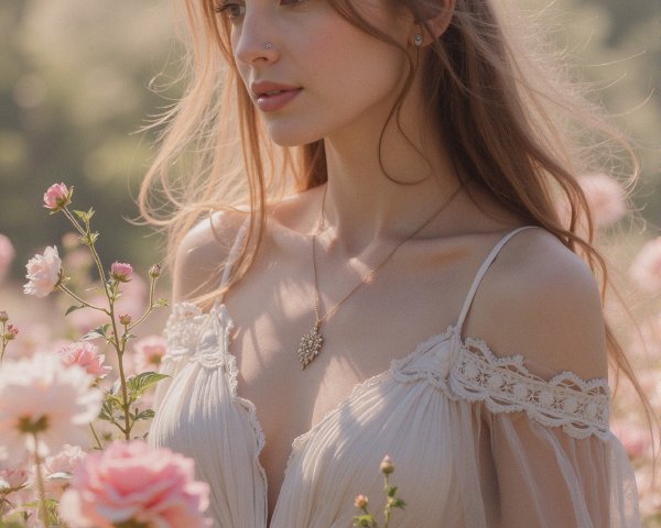 Young woman in light dress among blooming pink roses