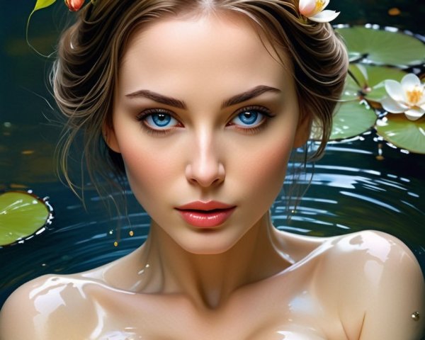 Portrait of a woman in a tranquil pond setting