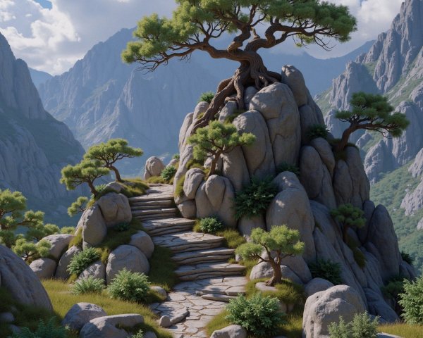 Solitary Tree on Rocky Outcrop with Mountains Nearby