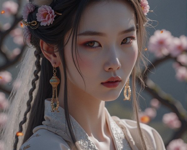 Young Woman with Floral Fox Ears in Cherry Blossoms