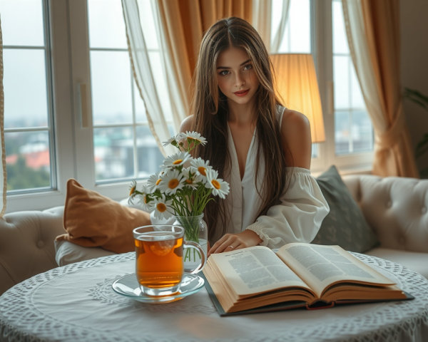 Indoor Scene with a Woman, Tea, and Daisies