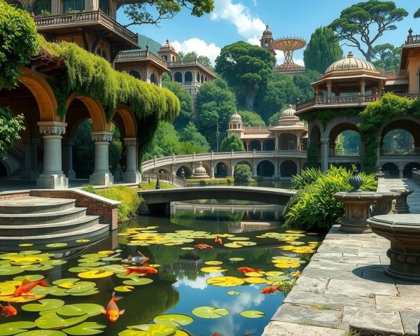 Serene Garden with Intricate Architecture and Koi Ponds