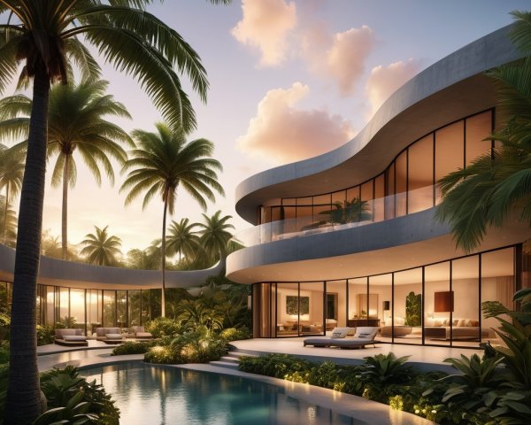 Modern villa with palm trees and sunset backdrop
