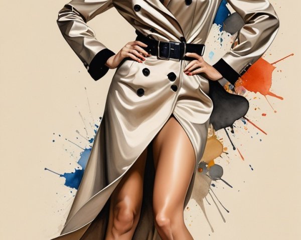 Confident Woman in Luxurious Beige Trench Coat Illustration