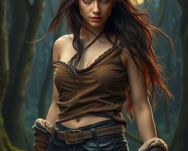 Young woman in mystical forest under full moonlight
