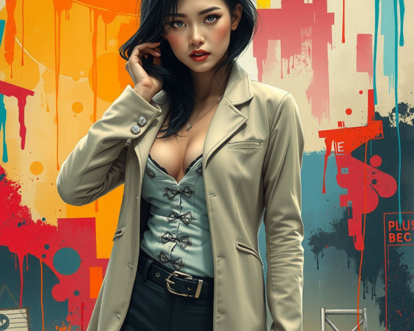 Stylish Woman Posed Before Vibrant Graffiti Wall