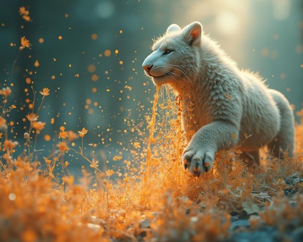 Fluffy White Cub in a Vibrant Wildflower Field