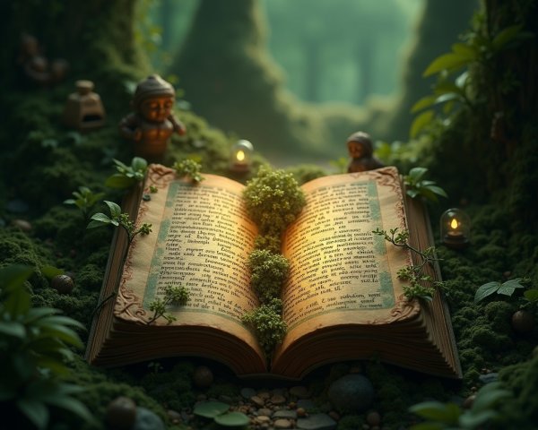 Ancient Book Surrounded by Enchanting Figurines in Forest