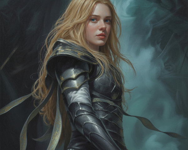 Female warrior in dark armor with flowing blonde hair