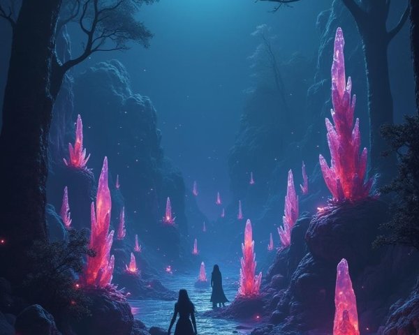 Mystical forest with glowing pink crystals and fog