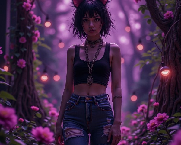 Mysterious Woman in Enchanted Forest with Feline Ears