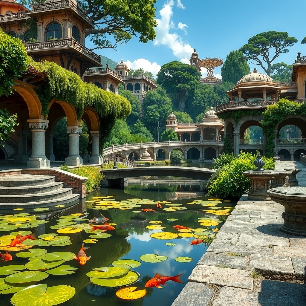 Serene Garden with Intricate Architecture and Koi Ponds