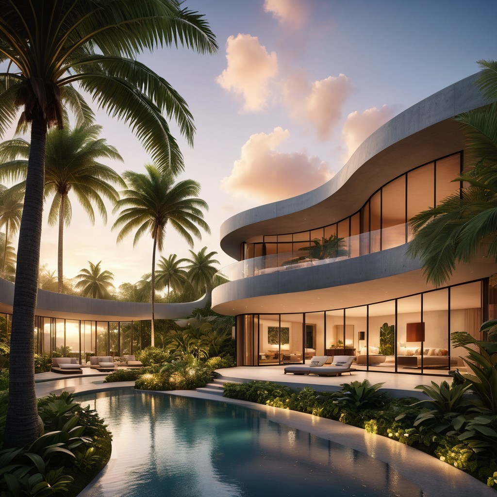 Modern villa with palm trees and sunset backdrop