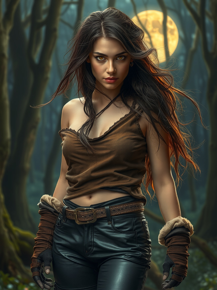 Young woman in mystical forest under full moonlight