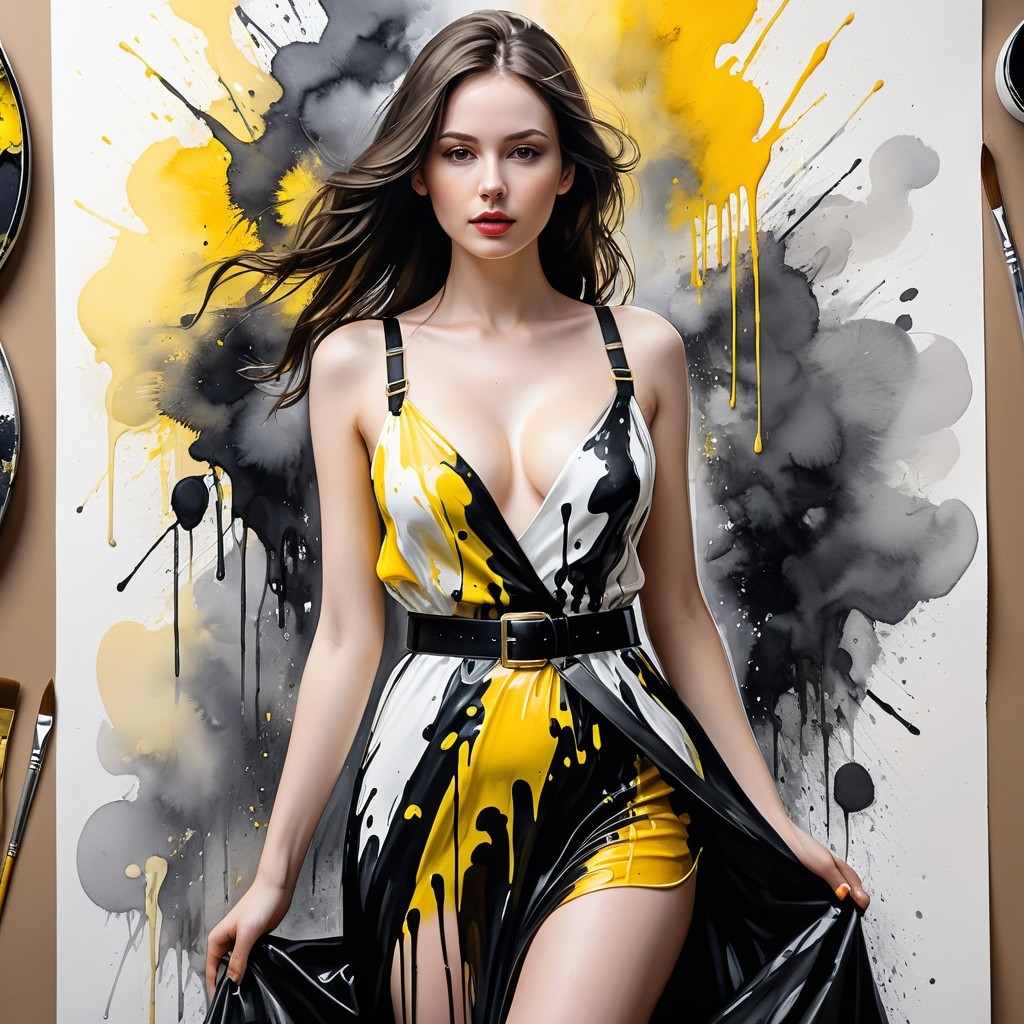 Confident Woman in Black and Yellow Abstract Dress