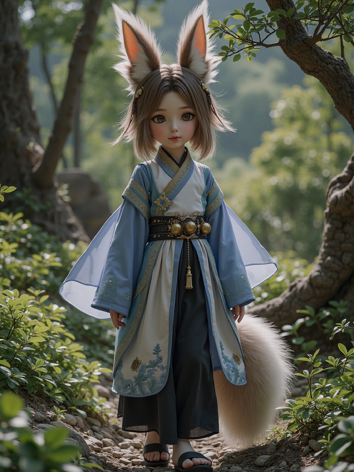Charming Fox-Like Doll in a Lush Forest Setting