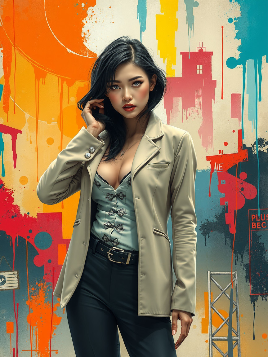 Stylish Woman Posed Before Vibrant Graffiti Wall