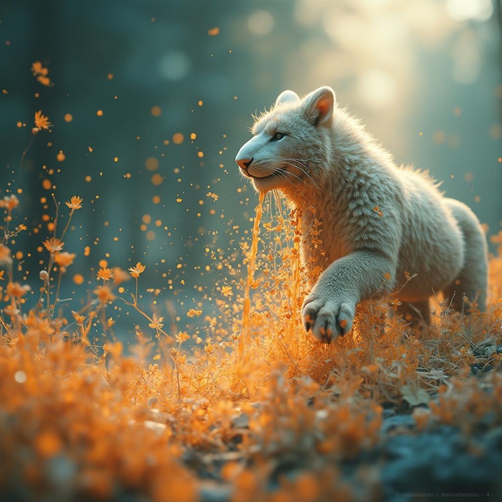 Fluffy White Cub in a Vibrant Wildflower Field