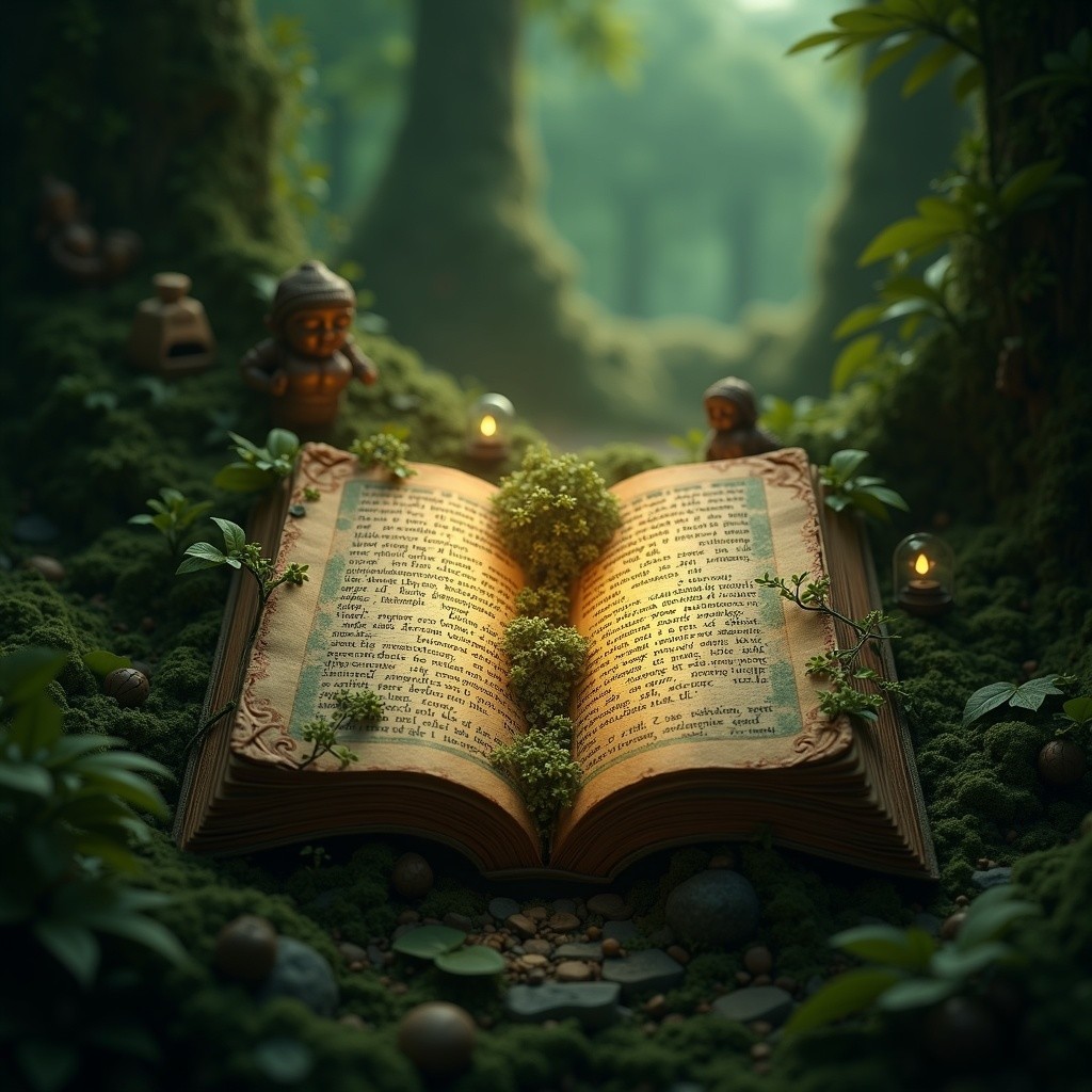 Ancient Book Surrounded by Enchanting Figurines in Forest