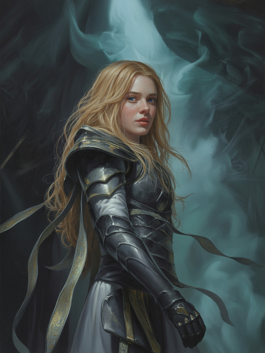 Female warrior in dark armor with flowing blonde hair