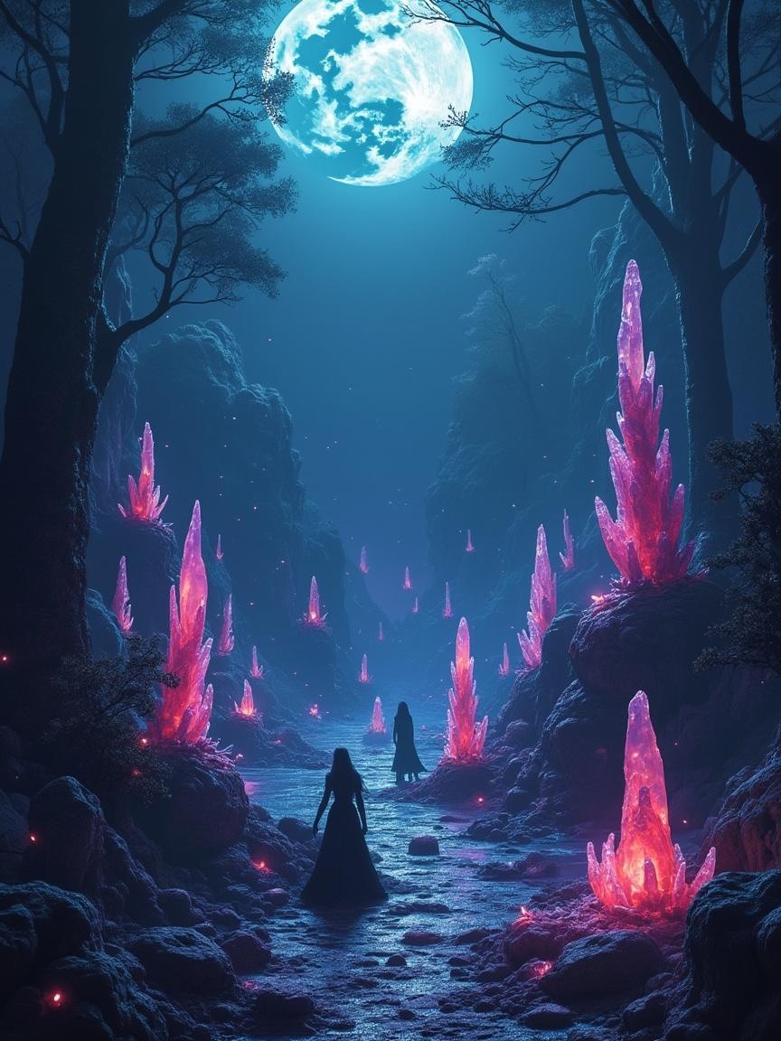 Mystical forest with glowing pink crystals and fog