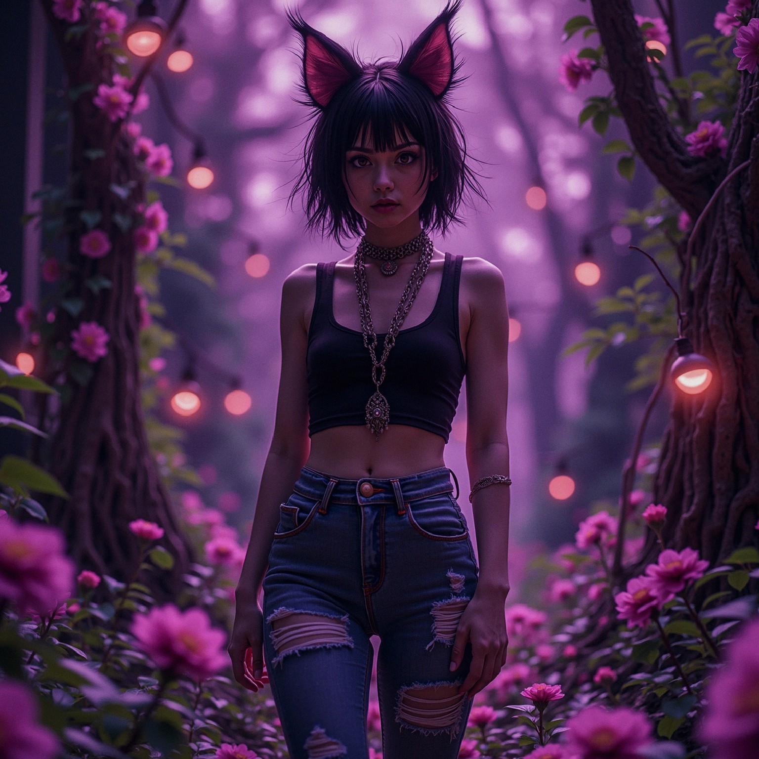 Mysterious Woman in Enchanted Forest with Feline Ears