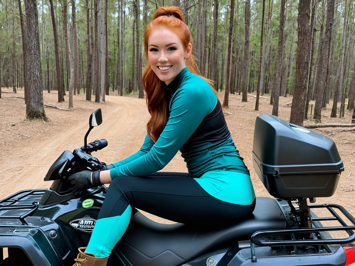 Smiling Woman on ATV in Wooded Area with Tall Trees