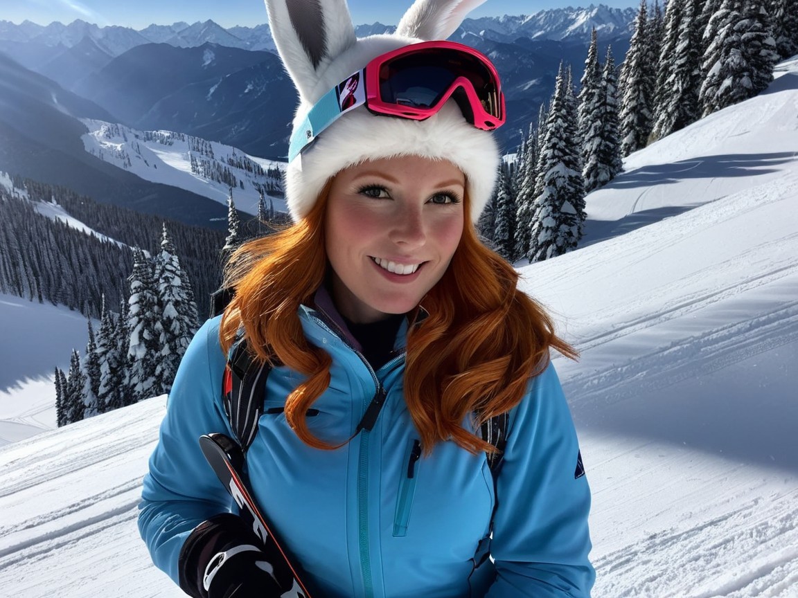 Smiling Woman in Ski Gear on Snowy Mountain Slope
