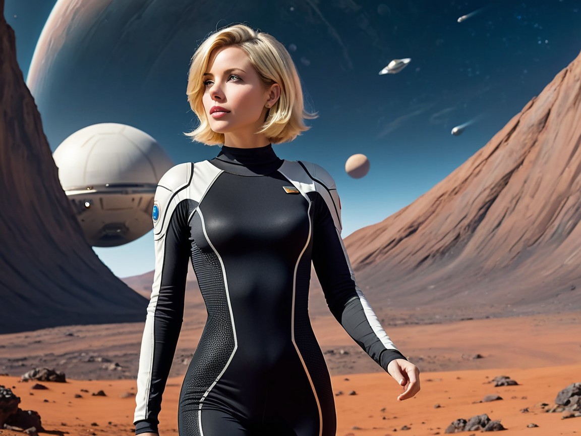 Woman in Futuristic Space Suit on Martian Landscape