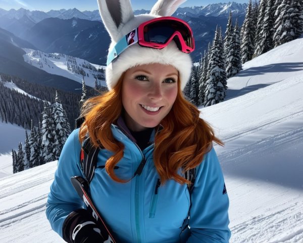 Smiling Woman in Ski Gear on Snowy Mountain Slope